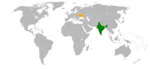 A world map showing location of India in green colour and Ukraine in orangish colour.