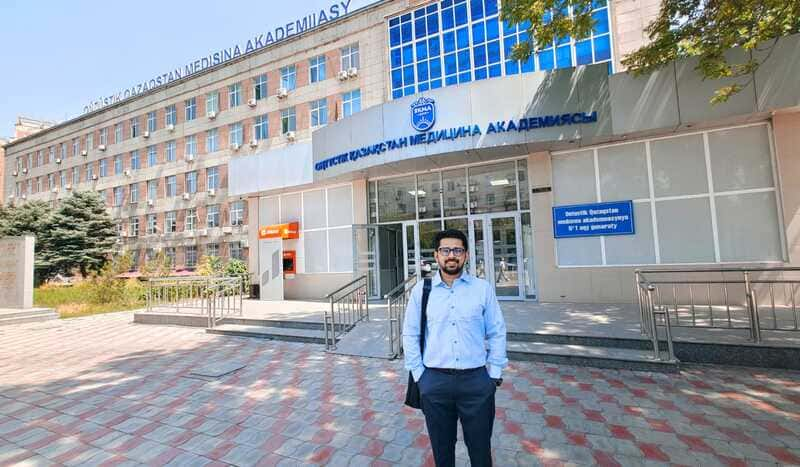 Shobhit Jayaswal of Global Medical Foundation at South Kazakhstan Medical Academy's main campus.