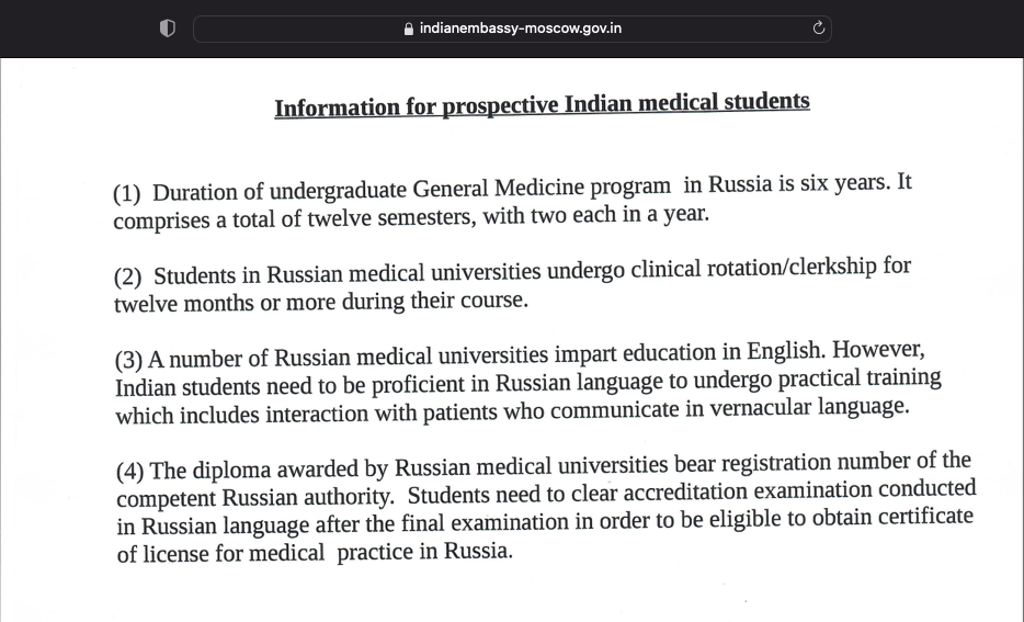 MBBS in Russia information by Indian Embassy in Russia