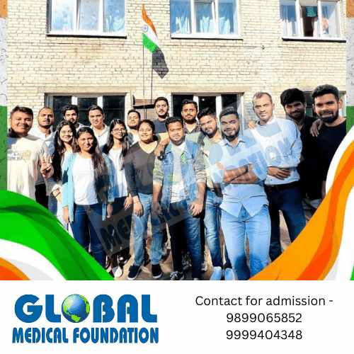 Indian students at Northern State Medical University with the national flag of India.