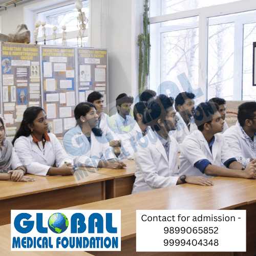 A group of Indian students in their class at Northern State Medical University.
