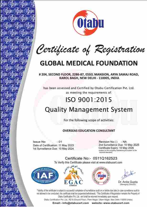 ISC 9001:2015 certification of Global Medical Foundation