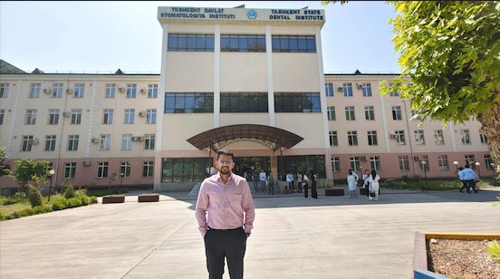 Shobhit Jayaswal at the campus of Tashkent State Dental and Medical Institute. 