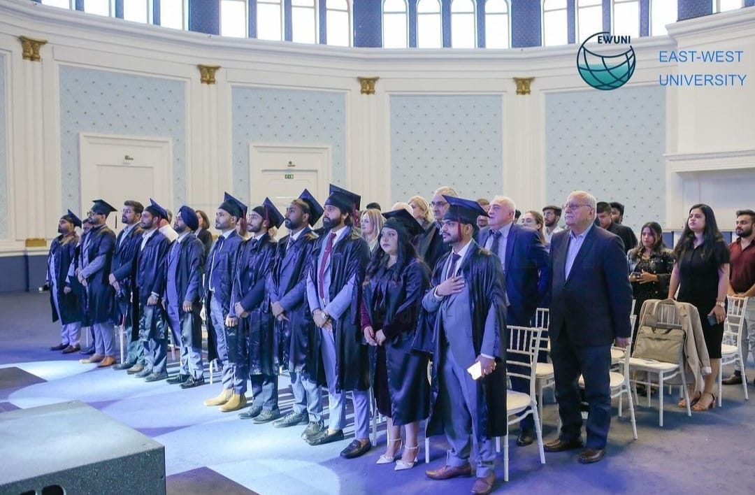 Indian graduates of the MBBS course of East West University Georgia in 2024.