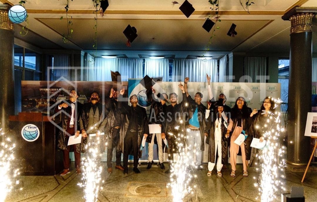 Indian graduates of the MBBS course of East West University Georgia in 2023.