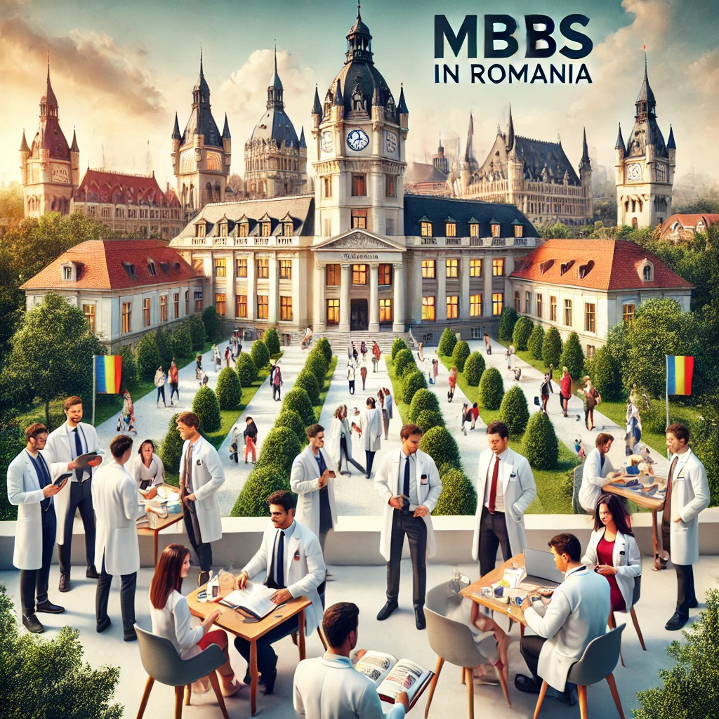 An image promoting MBBS in Romania for international students, featuring a prestigious medical campus with a vibrant and multicultural environment. 