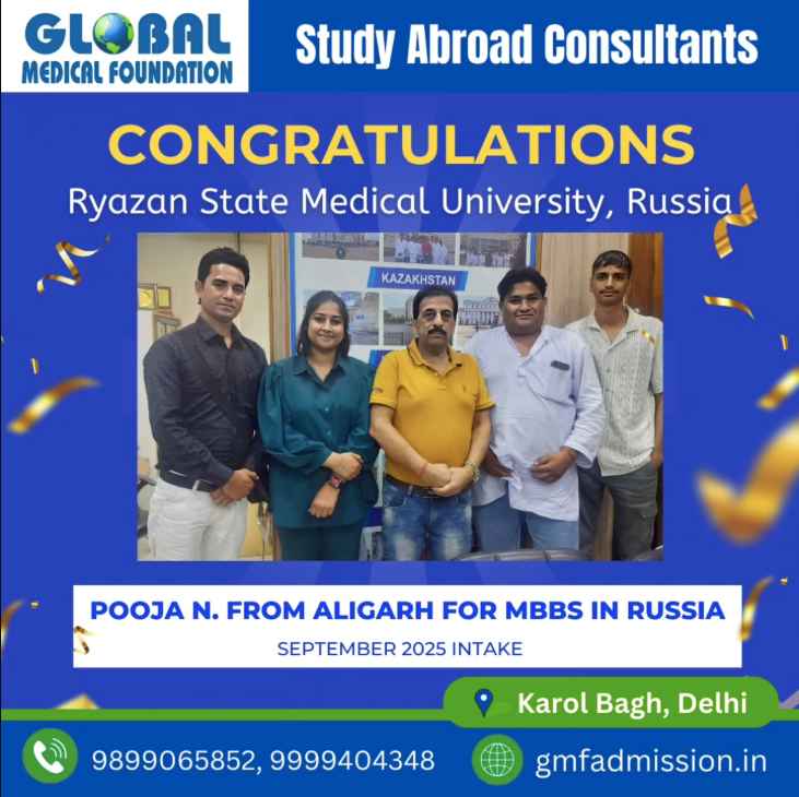 Pooja from Aligarh secured a seat for studying MBBS at Ryazan State Medical University through Global Medical Foundation Pooja from Aligarh with Global Medical Foundation team after securing MBBS admission in Ryazan State Medical University, Russia