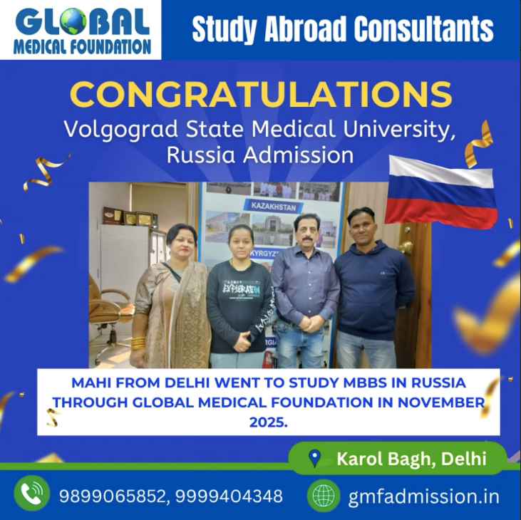 Mahi from Delhi Selected for MBBS at Volgograd State Medical University Russia | Global Medical Foundation Mahi from Delhi with Global Medical Foundation team after securing MBBS admission at Volgograd State Medical University Russia