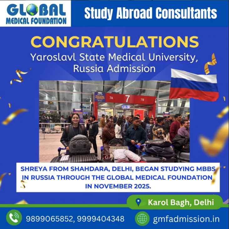 Shreya from Shahdara, Delhi Starts MBBS at Yaroslavl State Medical University Russia | Global Medical Foundation Shreya from Shahdara Delhi at airport departing for MBBS studies at Yaroslavl State Medical University Russia with Global Medical Foundation