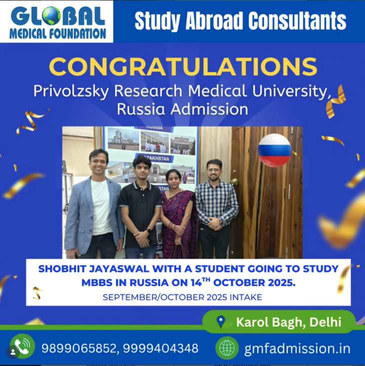 MBBS Admission at Privolzhsky Research Medical University Russia | Student Success with Global Medical Foundation Student with Shobhit Jayaswal at Global Medical Foundation office after securing MBBS admission in Privolzhsky Research Medical University, Russia